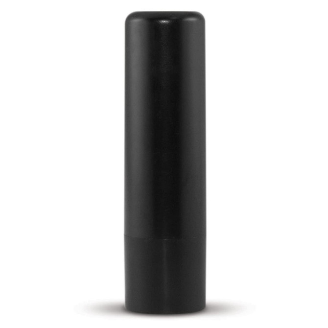 A black lip balm container with a cylindrical shape and a twist-up mechanism.