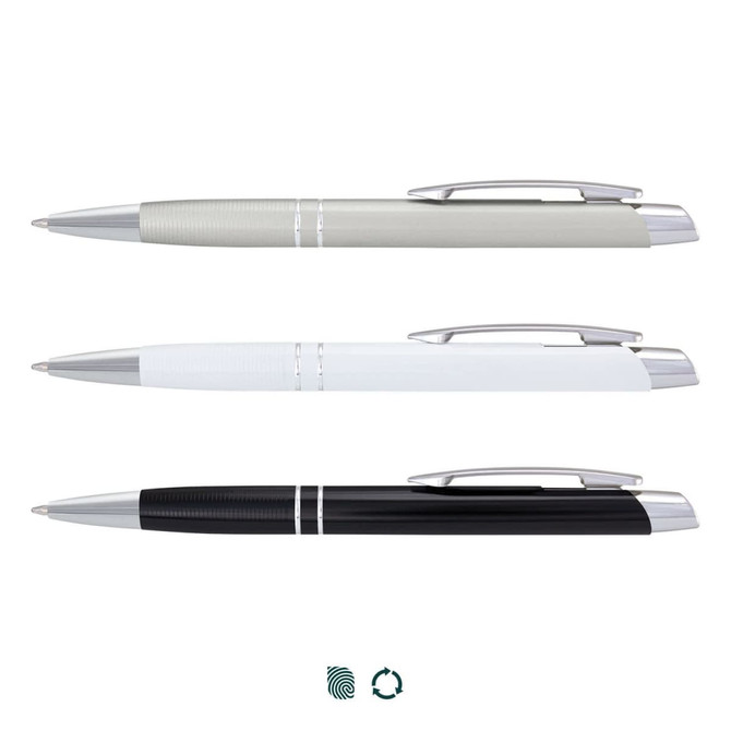 A set of three metal pens in grey, white, and black, each featuring a silver clip and accents.