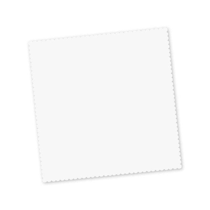A white microfibre cloth with scalloped edges, presented as a key ring attachment.
