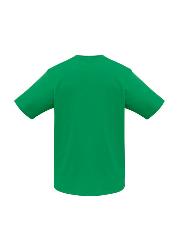 A green short sleeve tee with a simple design and a branded logo on the back.