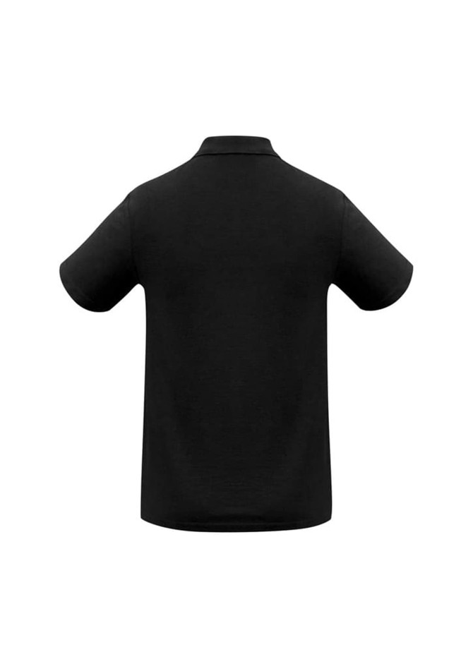 A black polo shirt featuring a collar and short sleeves, with a logo on the back.