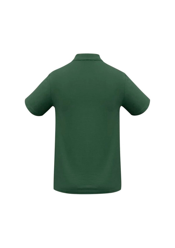 A green polo shirt with a collar and short sleeves, featuring a branding logo on the back.