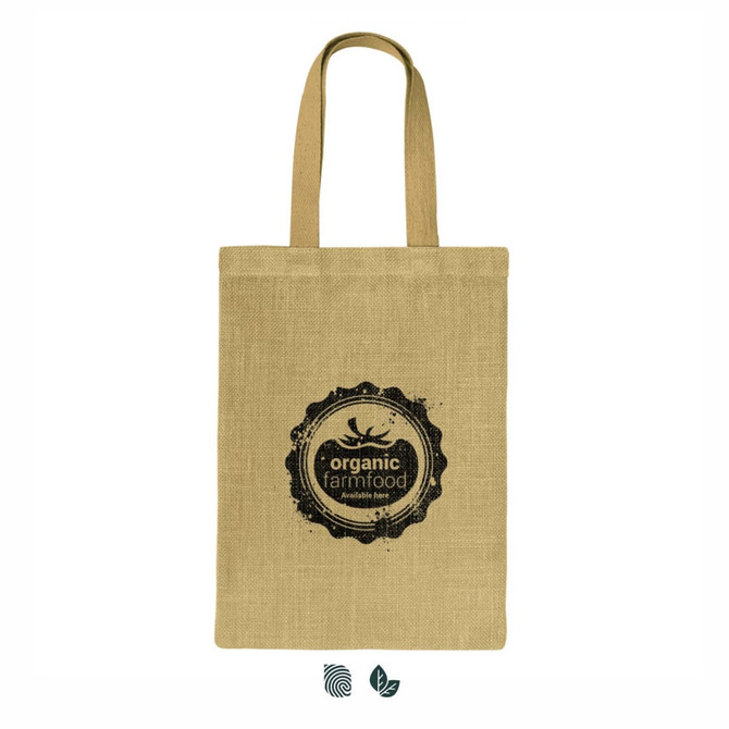 A jute tote bag in a natural beige colour with a logo printed on the front. It features two sturdy handles.