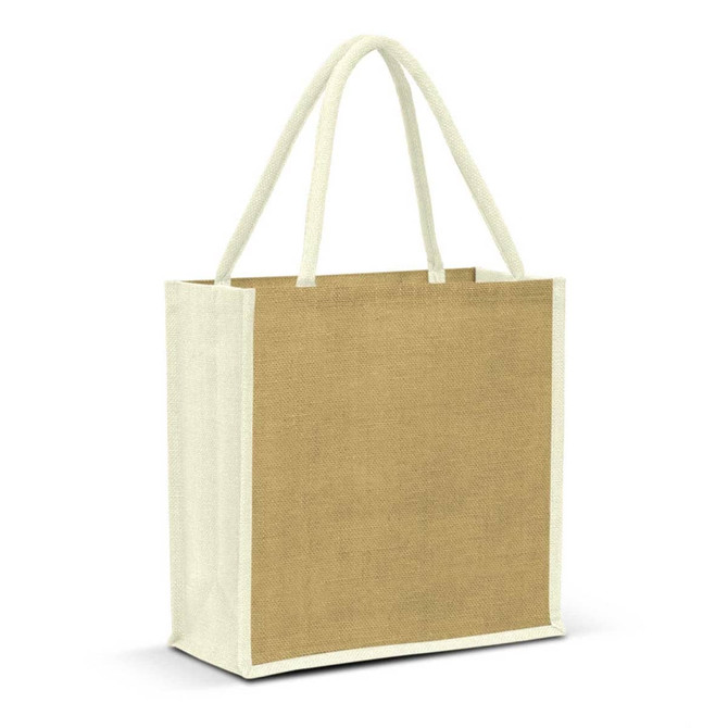 A jute tote bag in a natural brown colour with cream handles and trim. It features a logo on one side.