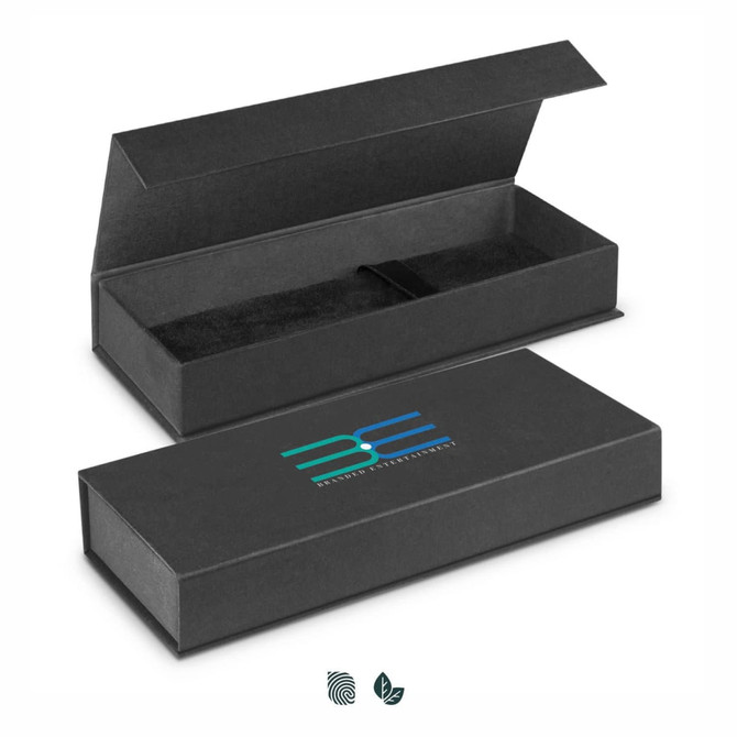 A black gift box with a hinged lid and a branded logo, designed for packaging pens.