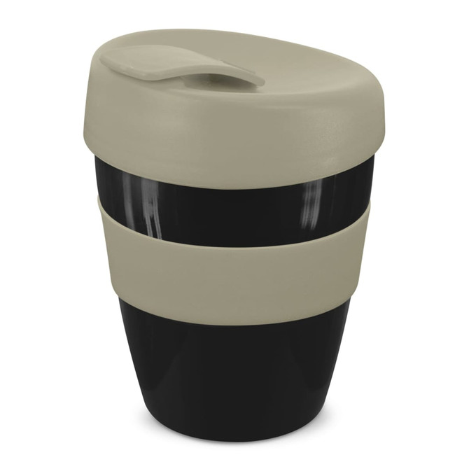 A drink bottle featuring a black and khaki design with a lid, part of the Express Cup Deluxe range.