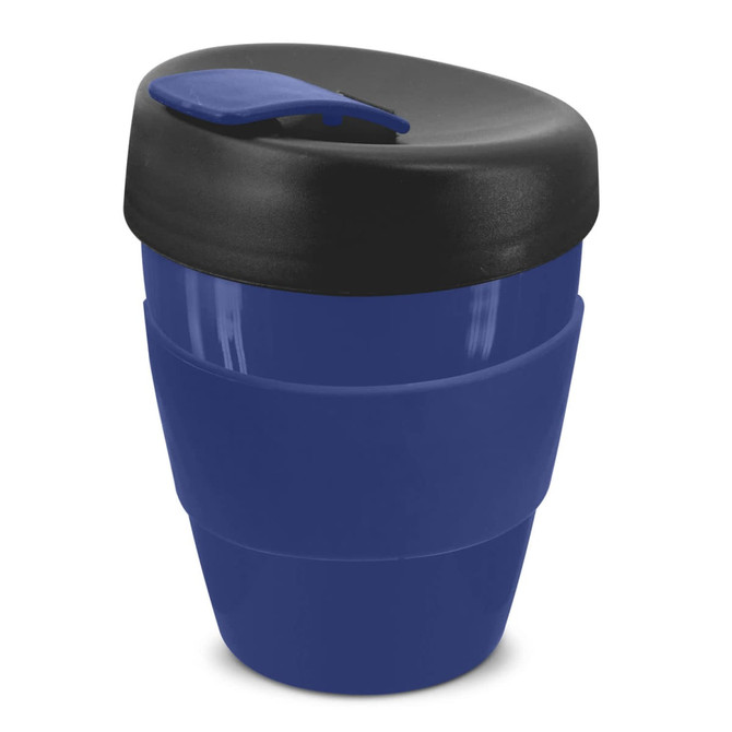 A drink bottle in navy blue with a black lid, featuring a logo and a removable top. It holds 350ml.
