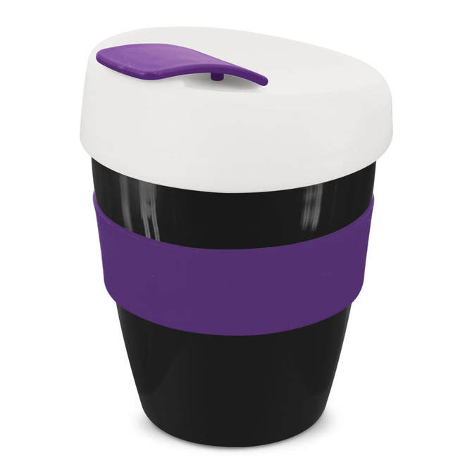 A reusable coffee cup in black and white with a purple silicone band and lid. Features a logo.