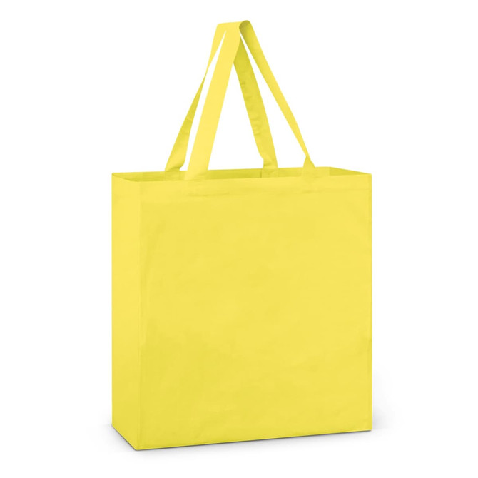 A yellow cotton tote bag with two handles and a smooth finish, featuring a logo on one side.