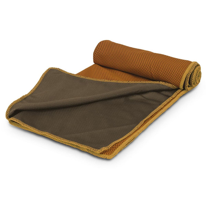 A rolled-up cooling towel in brown and tan with a textured, breathable fabric. Features a branding logo.
