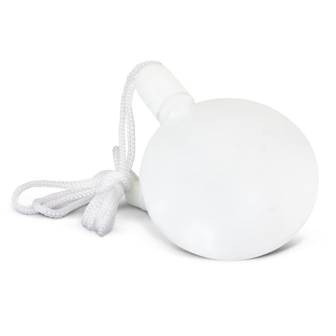 A round, white bubble kit featuring a built-in string for easy carrying.