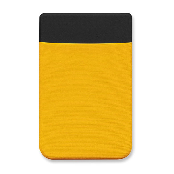 A Lycra phone wallet in bright yellow with a black top, featuring a logo.