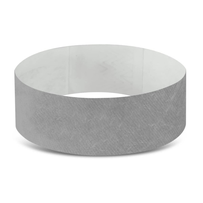 A grey Tyvek event wristband, showcasing a smooth texture with an underlying pattern, featuring a logo. A grey Tyvek event wristband, showcasing a smooth texture with an underlying pattern, featuring a logo.