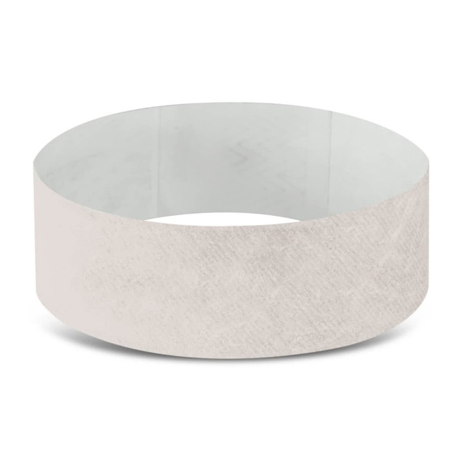 A white Tyvek event wristband with a textured appearance, featuring a smooth interior. It has a logo on it. A white Tyvek event wristband with a textured appearance, featuring a smooth interior. It has a logo on it.