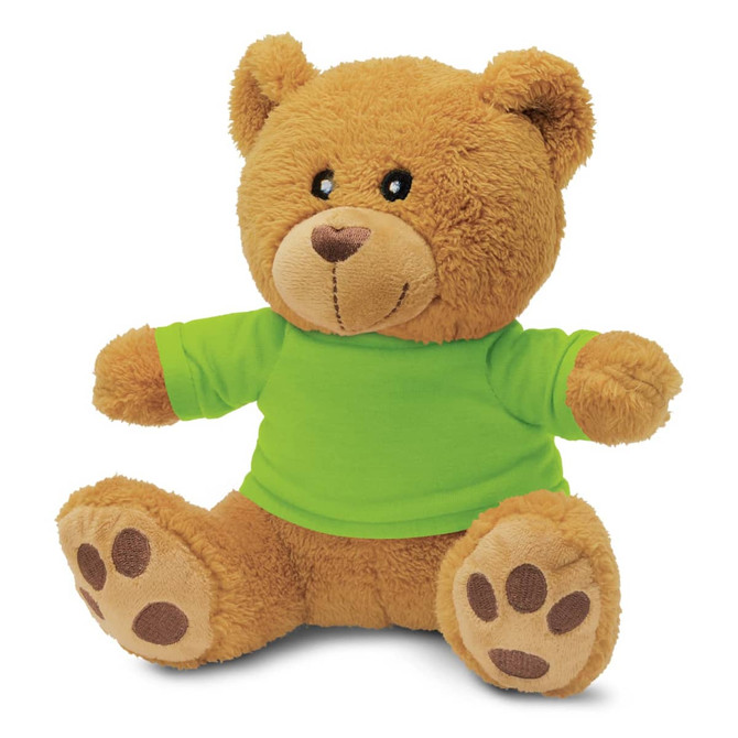 A plush teddy bear in brown with a green shirt, featuring soft fur and paw prints on its feet.