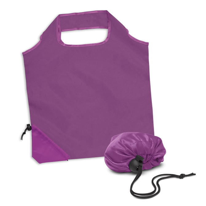 A purple foldable reusable grocery bag, packaged in a matching pouch for easy storage.