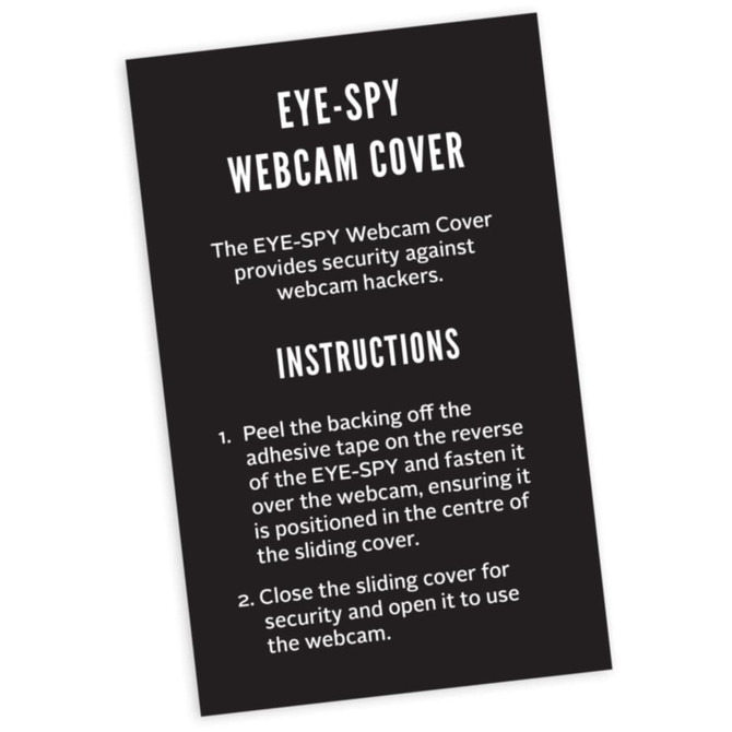 A black webcam cover with instructions for securing against webcam hacking, featuring a simple sliding design.