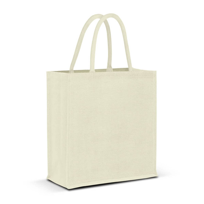 A jute tote bag in a soft cream colour with two handles and a simple design. It features a logo on one side.