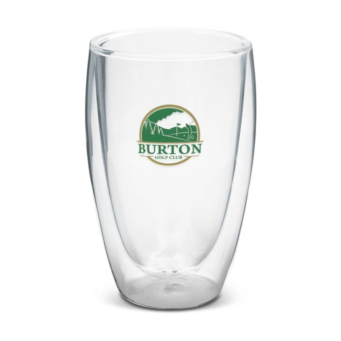 A double wall glass with a logo featuring "Burton Golf Club." The glass has a clear design and a capacity of 410ml.