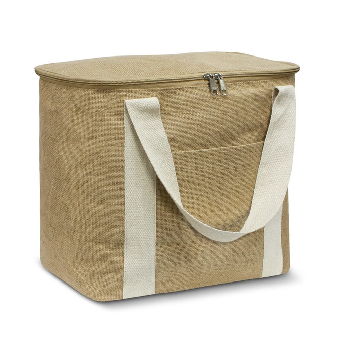 A tan cooler bag with a zippered top and white straps. The bag features a front pocket for additional storage.