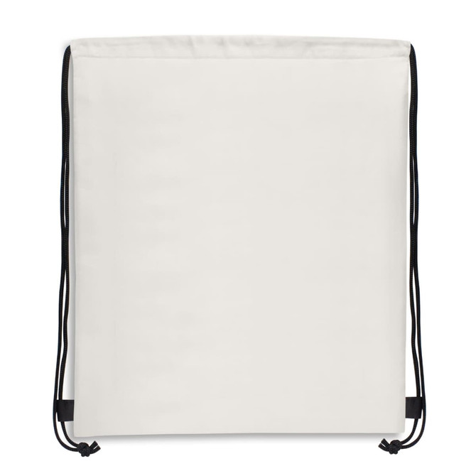 A drawstring backpack in a plain design, featuring black drawstrings and a blank canvas surface.