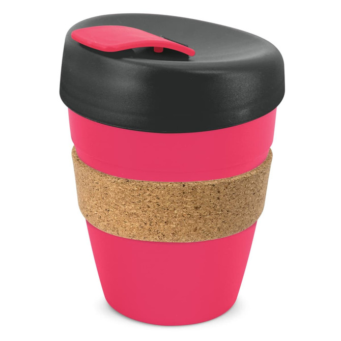 A drink bottle with a pink body, black lid, and a cork band around its middle. It features a sleek, modern design.