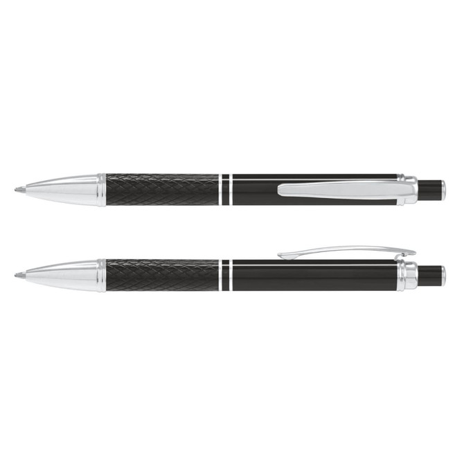 A sleek black metal pen with silver accents features a textured grip and a clip. It has a logo on the body.