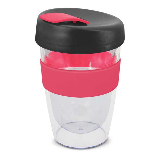 A drink bottle featuring a clear design with a black lid and a pink silicone band. Includes a logo.