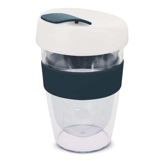 A drink bottle featuring a clear body, white lid, and navy blue silicone band. Ideal for hot beverages.