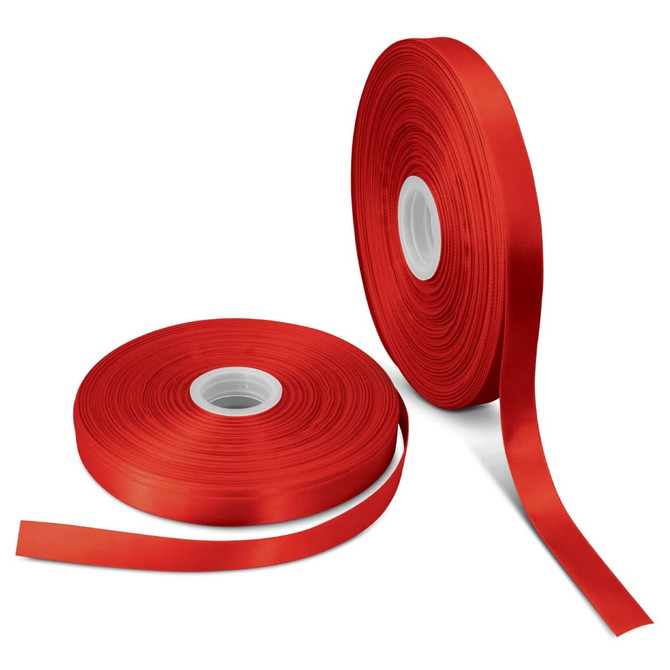 Two rolls of bright red satin ribbon, 15mm wide, displayed on a white background, one partially unrolled.