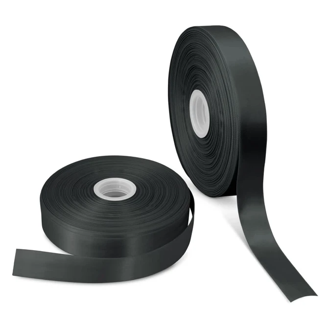 Two rolls of dark green personalised ribbon, one unspooled, on a white background. Each roll is 50mm wide.