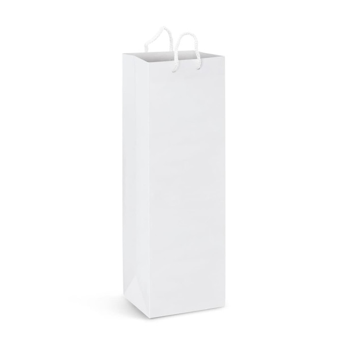 A white laminated paper wine bag with two white handles and a branding logo.