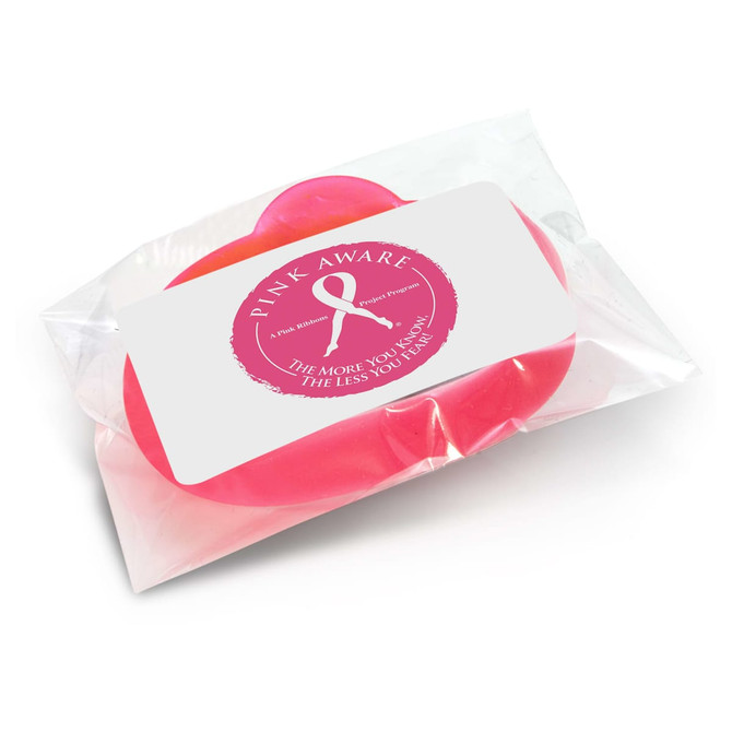 A pink silicone wristband packaged in clear plastic, featuring a logo and branding design.