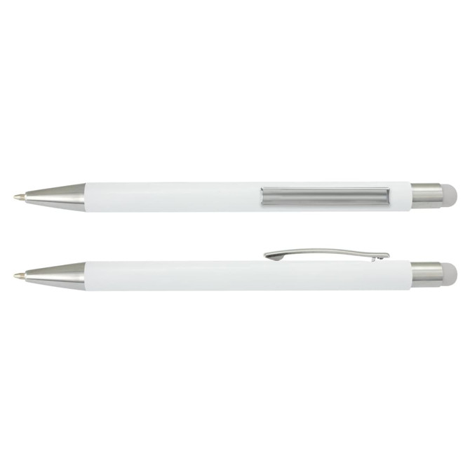 A white stylus pen with silver accents and a transparent section, featuring a clip for easy attachment.