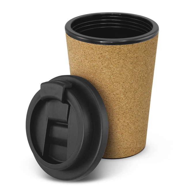 A drink bottle with a cork exterior and black lid, featuring a smooth surface and an interior lining. A drink bottle with a cork exterior and black lid, featuring a smooth surface and an interior lining.