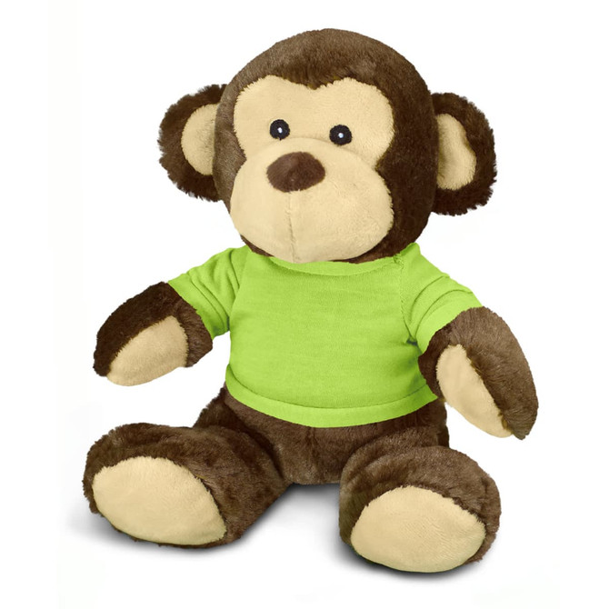 A brown plush monkey toy with a green shirt, featuring large ears and a friendly expression. It has a logo on its shirt.