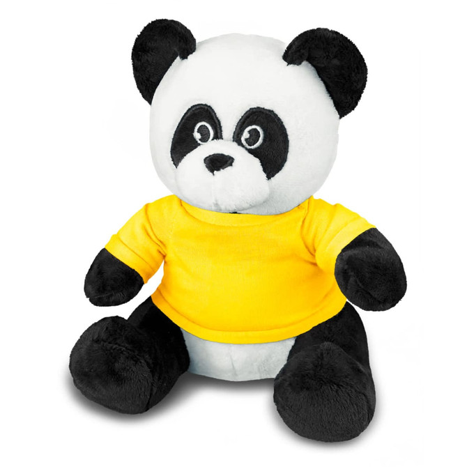 A plush panda toy wearing a yellow shirt, featuring black and white fur, with expressive eyes and a soft body.