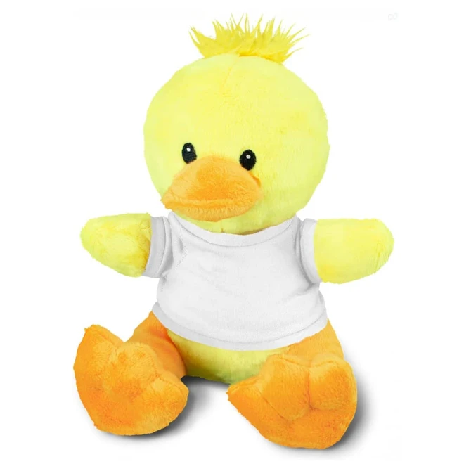 A yellow duck plush toy with an orange beak and feet, wearing a white t-shirt, sitting with a playful expression.