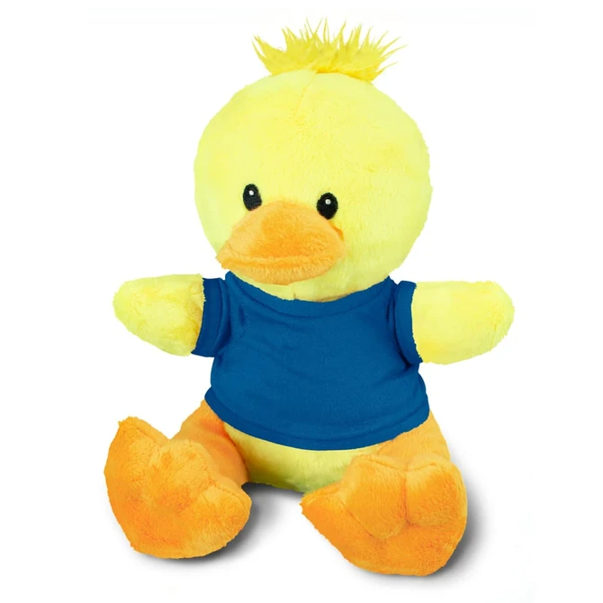 A yellow duck plush toy with an orange beak and feet, wearing a blue shirt, features a fluffy tuft on its head.