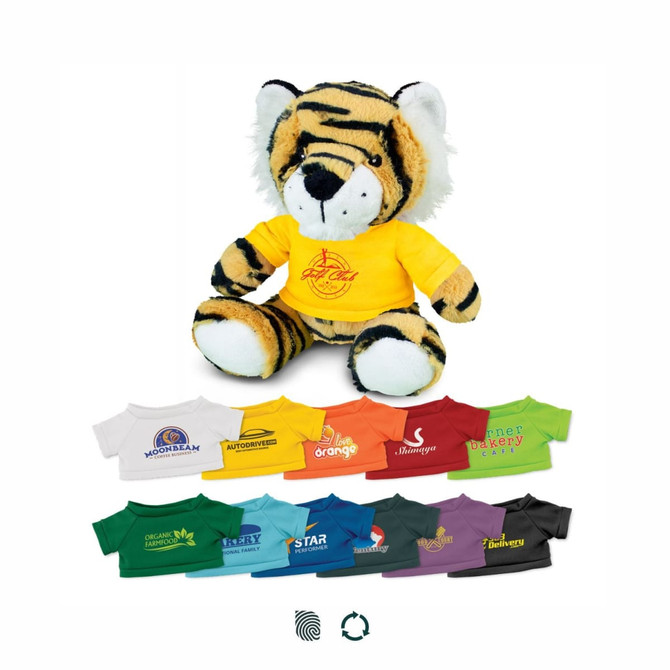 A plush tiger toy with a yellow shirt, featuring various smaller shirts in different colours below it.