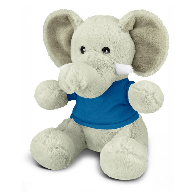A plush elephant toy in grey with large ears, wearing a blue T-shirt. It has a soft, cuddly texture.