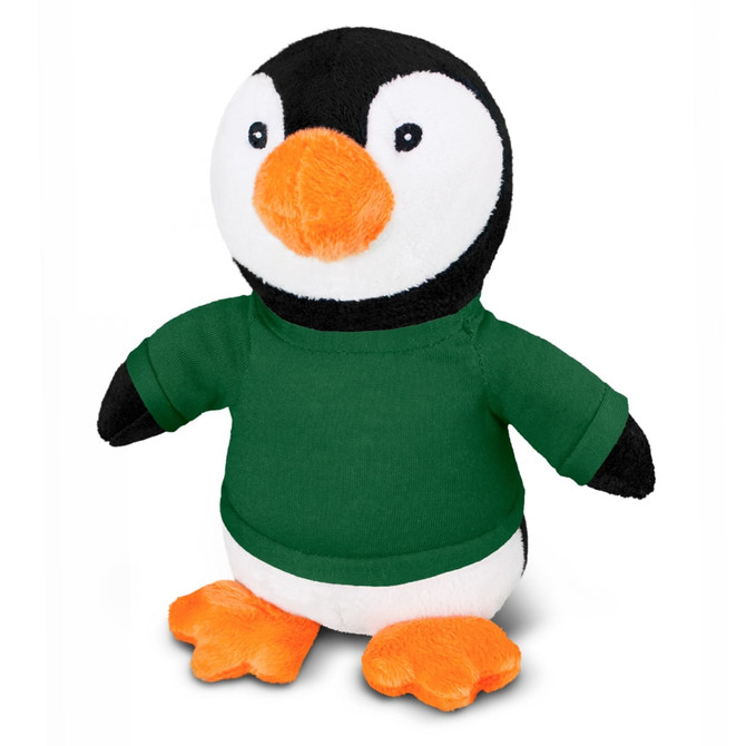 A plush penguin toy with a black and white body, orange beak and feet, wearing a green t-shirt.