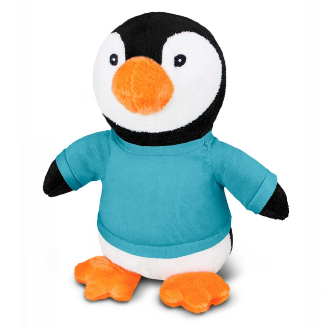 A plush penguin toy with orange feet, a black and white body, and a teal shirt. It has a round head and expressive features.