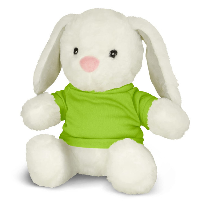 A white rabbit plush toy wearing a bright green shirt, featuring a soft body and large floppy ears.