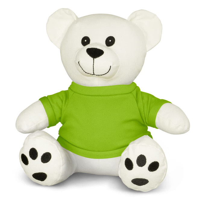 A white plush bear toy wearing a green shirt, featuring black paw prints on its feet and a friendly smile.