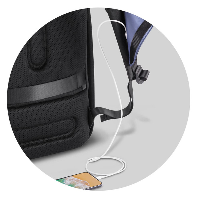 A black gym bag with a charging cable and a smartphone connected, featuring a textured surface and adjustable strap.