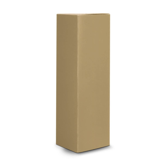A tall, brown cylindrical product packaging with a plain design, featuring a logo.