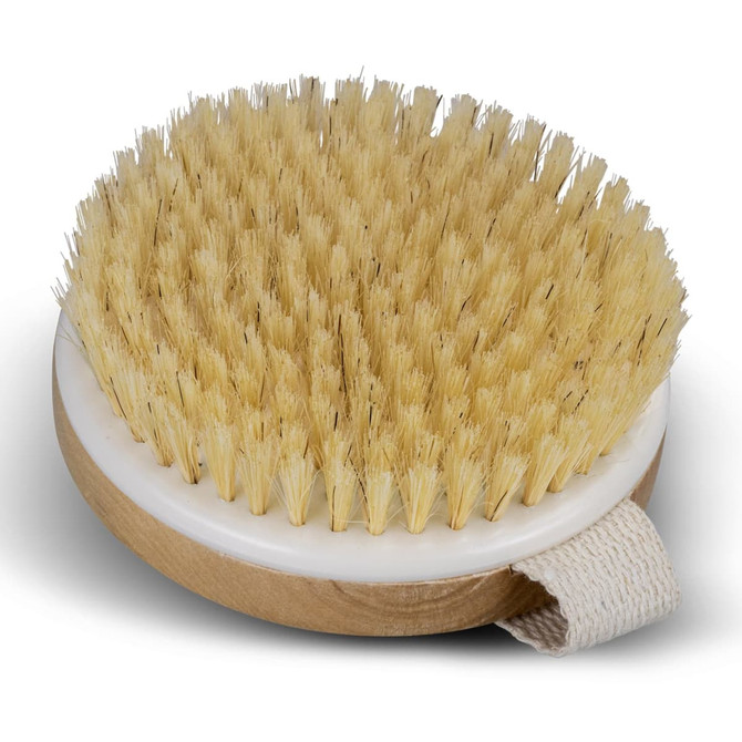 A round wooden body brush with natural bristles and a fabric strap on the side. A round wooden body brush with natural bristles and a fabric strap on the side.