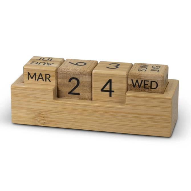 A bamboo desk calendar featuring wooden blocks for day, date, and month. The blocks are arranged on a rectangular base.