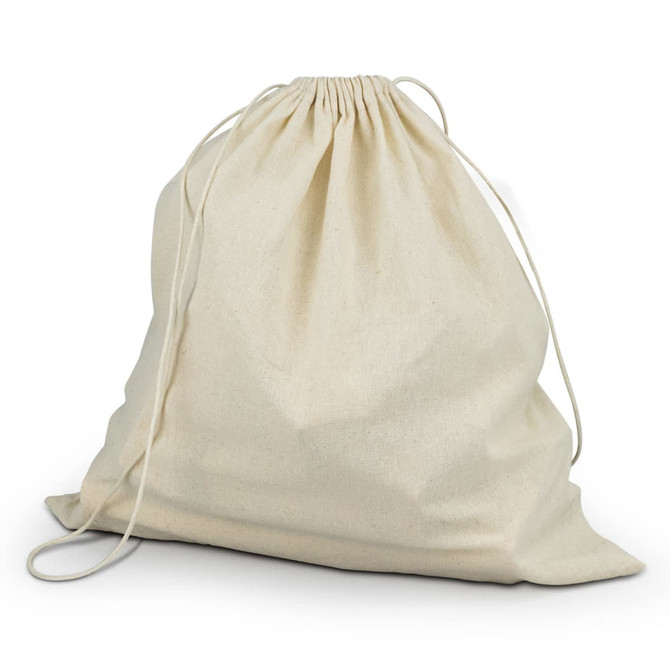 A natural-coloured drawstring bag made of fabric, designed for storage or carrying items.